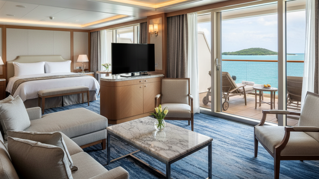 Luxury cruise ship suite with private balcony and ocean views for cruise line comparison