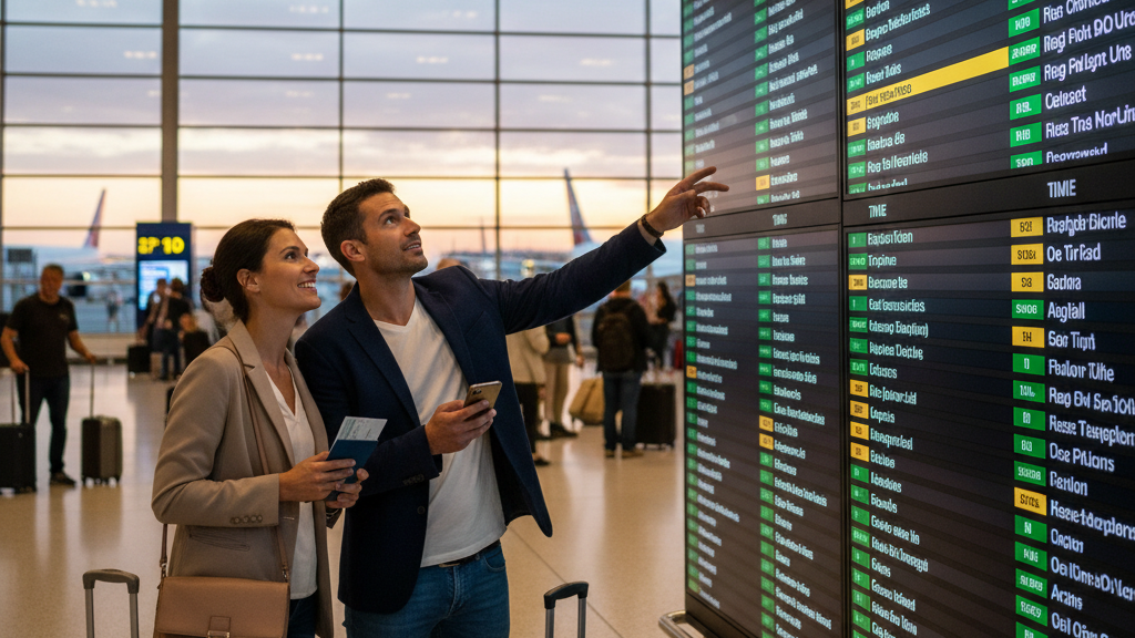 a man and woman checking the flight information display system at an airport