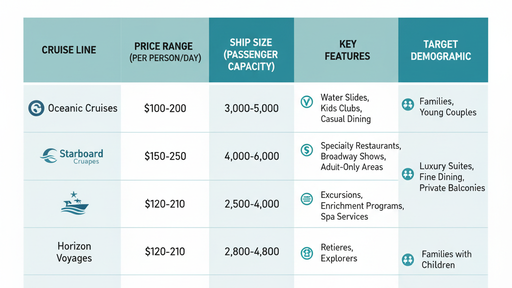 Comparison chart showing differences between major mass market cruise lines including pricing and features
