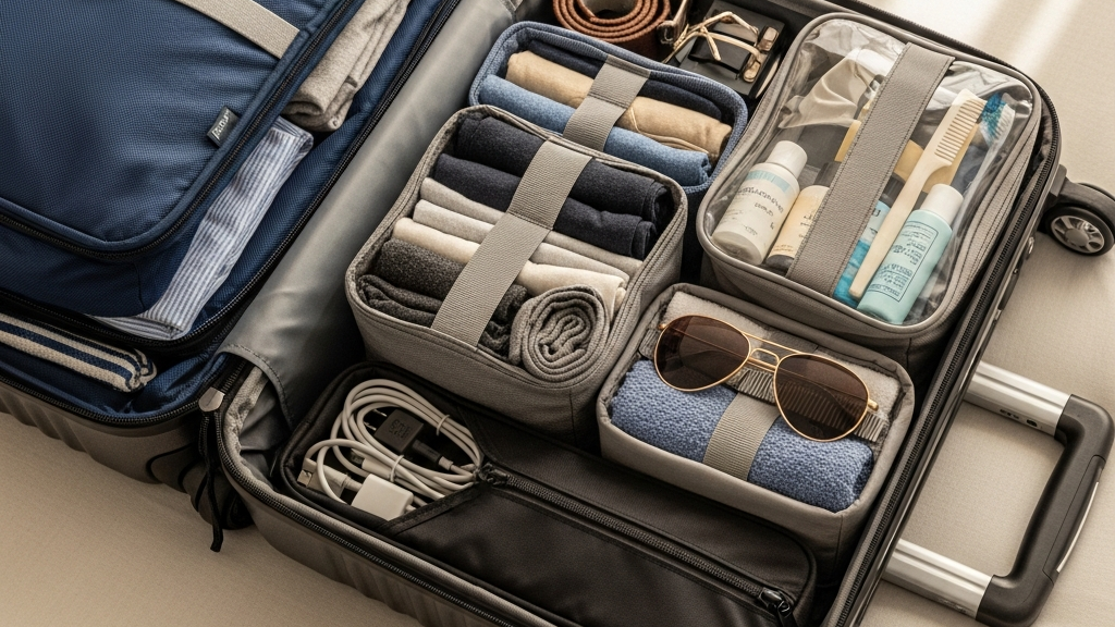 Well-organized carry-on luggage with packing cubes showing efficient travel packing guide strategies