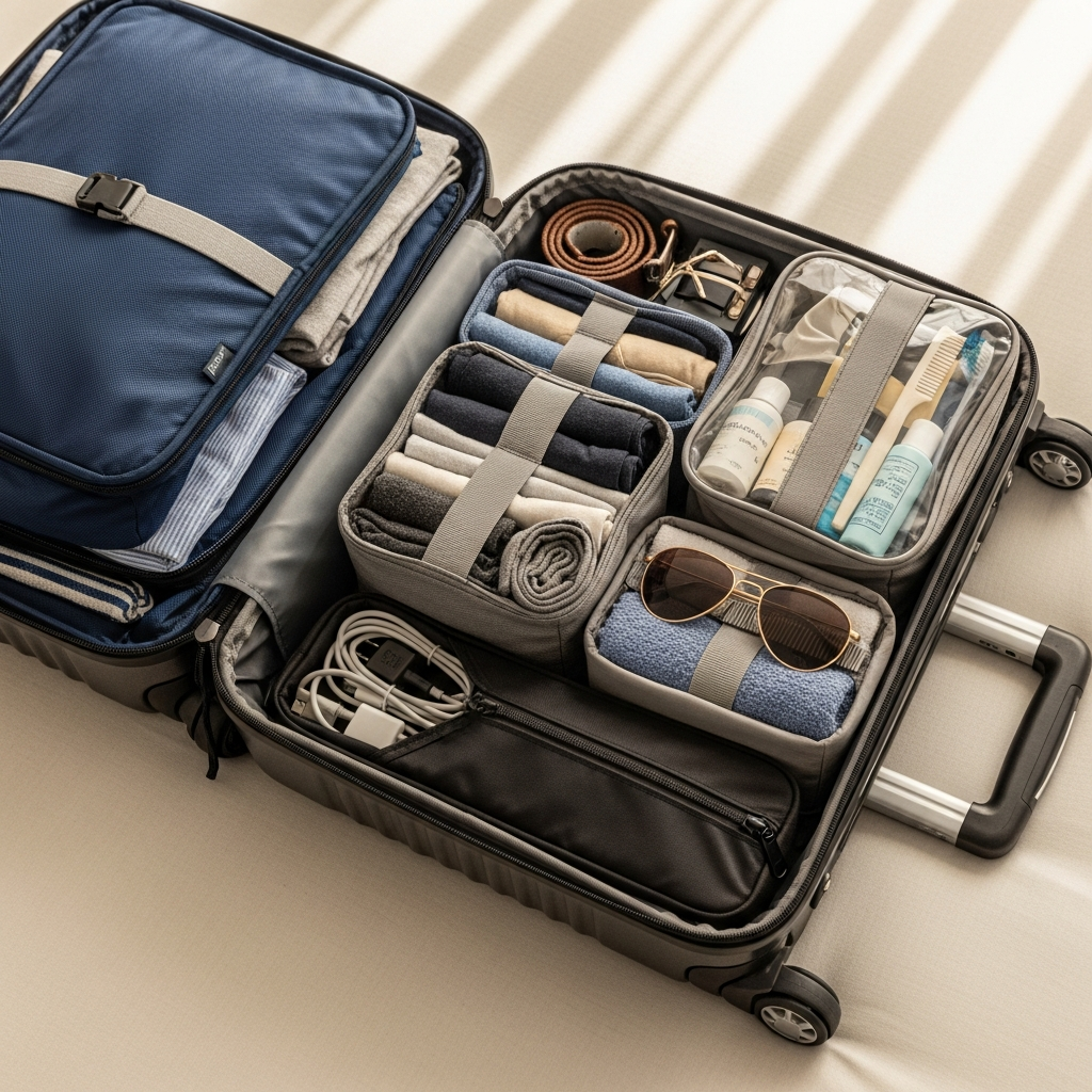 Well-organized carry-on luggage with packing cubes showing efficient travel packing guide strategies