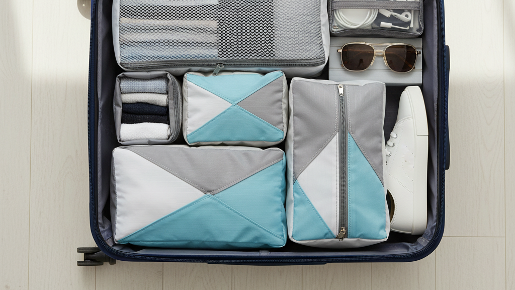 Packing cubes organizing clothes in luggage demonstrating travel packing tips