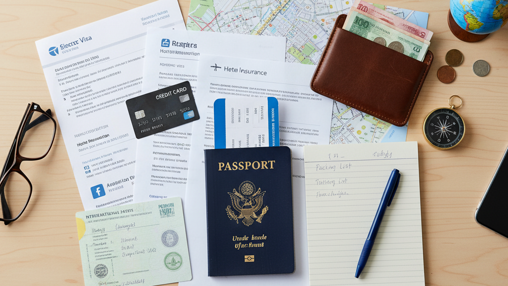 Passport and travel documents organized showing international travel for first-timers preparation