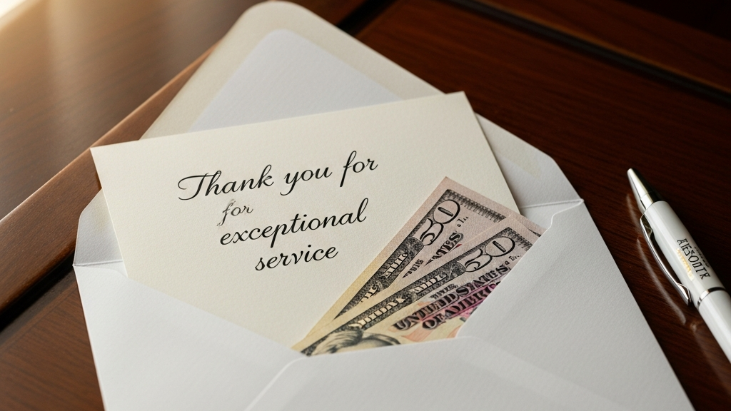 Thank you note with envelope for resort tipping etiquette showing proper gratuity presentation