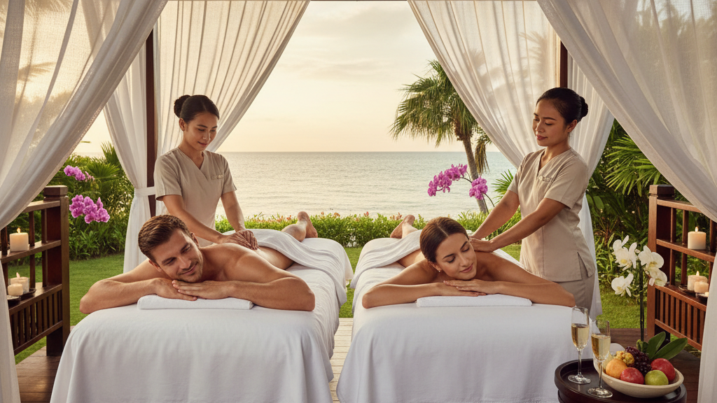Couple enjoying romantic spa treatment massage during getaway vacation