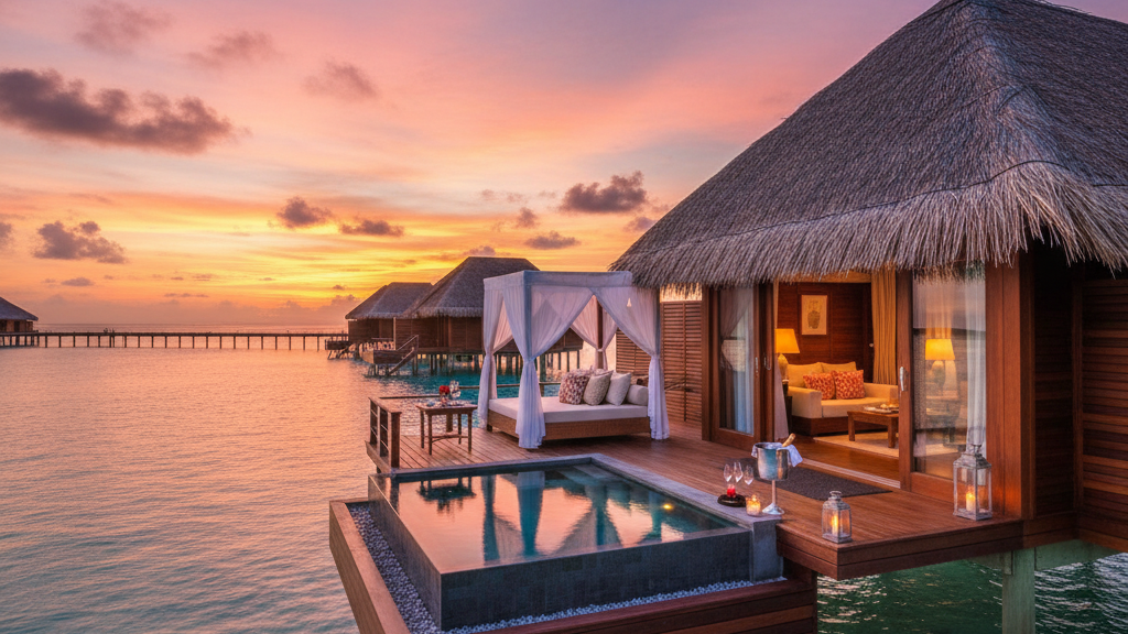 Romantic getaways for couples at an overwater bungalow with sunset view at couples resort destination