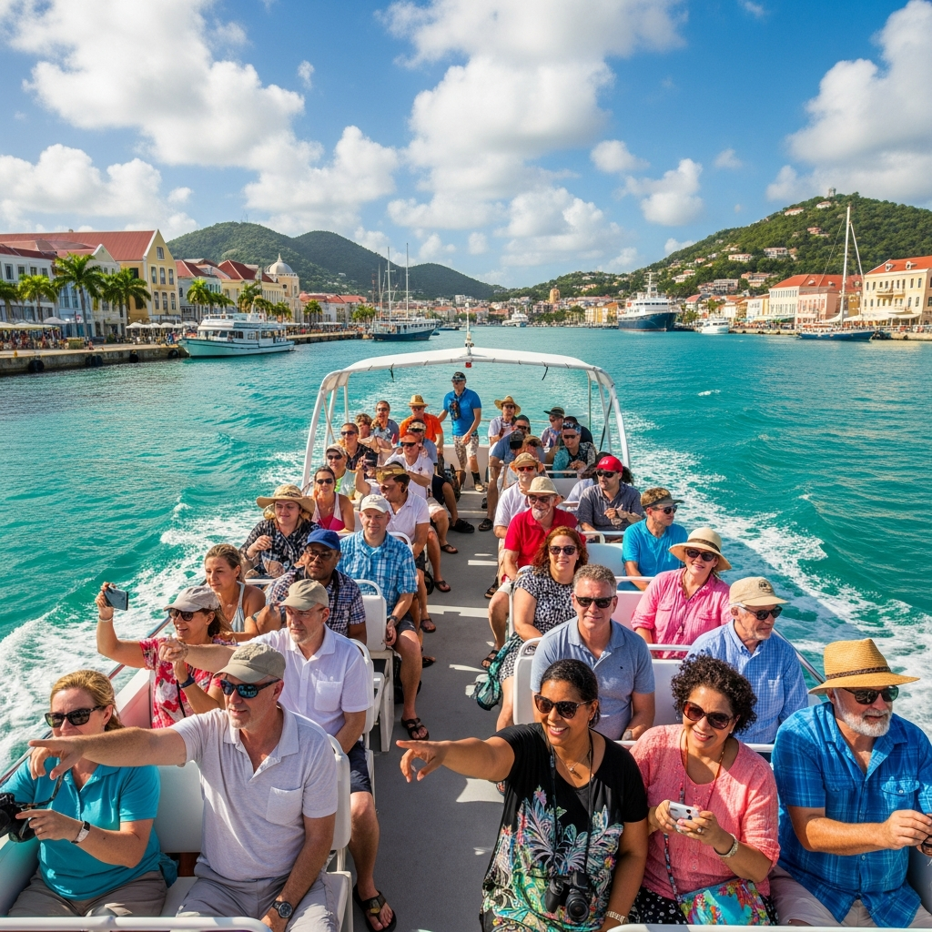 Excited cruise passengers on shore excursion boat tour at tropical port destination