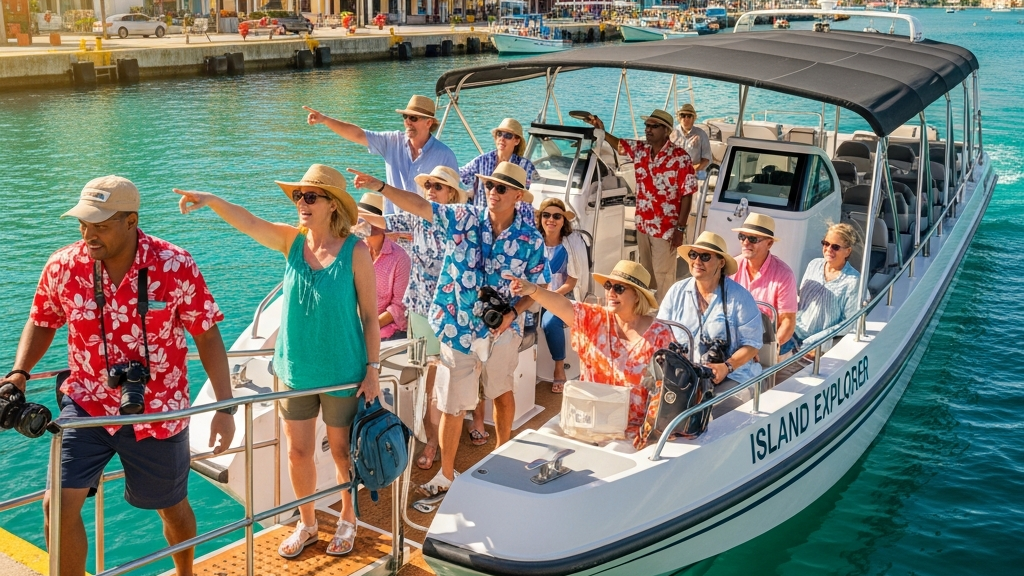 Shore Excursions 101: Making the Most of Your Cruise Port Stops 2 Excited cruise passengers on shore excursion boat tour at tropical port destination