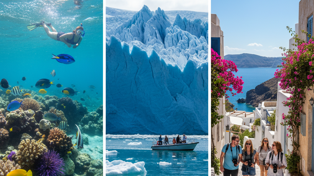 Shore Excursions 101: Making the Most of Your Cruise Port Stops 7 Montage of popular shore excursions showing Caribbean snorkeling, Alaska glaciers, and Mediterranean tours