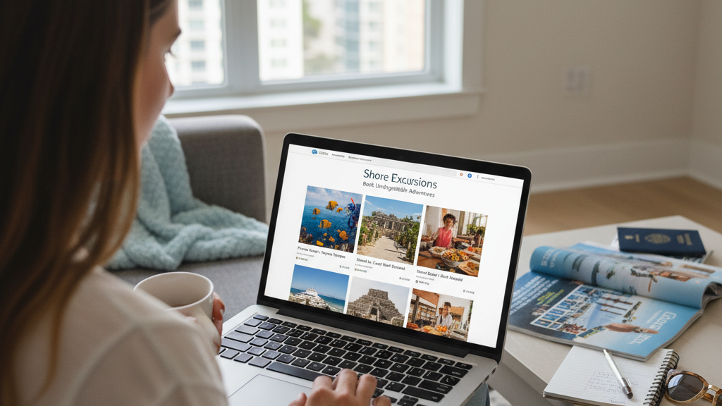 Shore Excursions 101: Making the Most of Your Cruise Port Stops 5 Traveler researching and booking shore excursions on laptop for cruise vacation planning