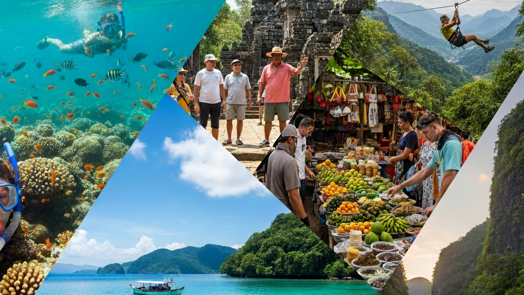 Shore Excursions 101: Making the Most of Your Cruise Port Stops 3 Collage showing different types of shore excursions including snorkeling, cultural tours, and adventure activities