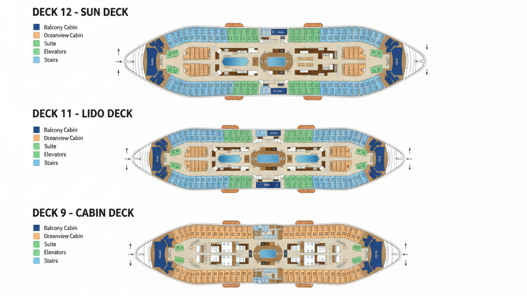 side by side Ship deck plan showing cabin locations on each level of the ship