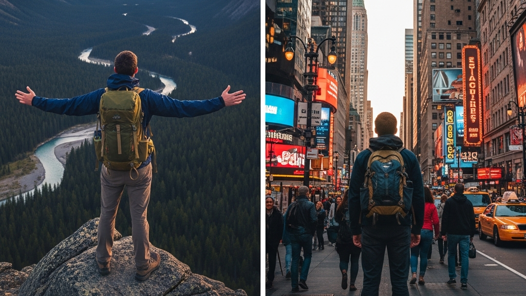 side by side image of solo traveler with backpack overlooking scenic mountain view and solo traveler with backpack in the city 