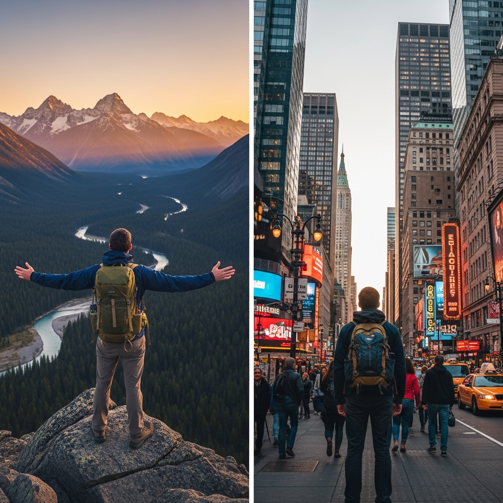 side by side image of solo traveler with backpack overlooking scenic mountain view and solo traveler with backpack in the city