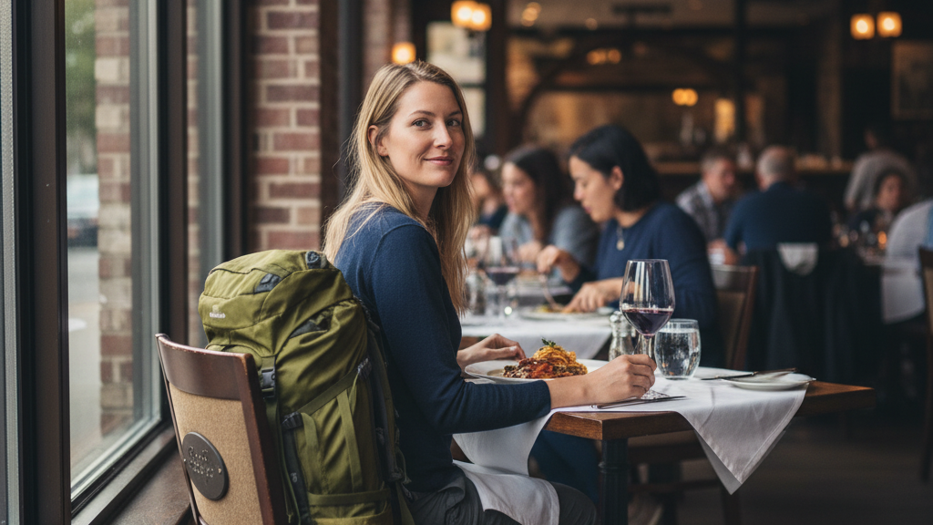 Solo traveler dining confidently alone at restaurant demonstrating independent travel lifestyle