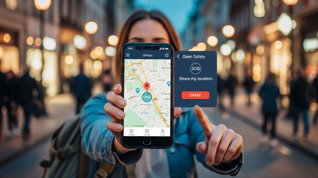 solo travel while in a relationship, Solo traveler using safety apps and GPS location sharing on smartphone for travel security