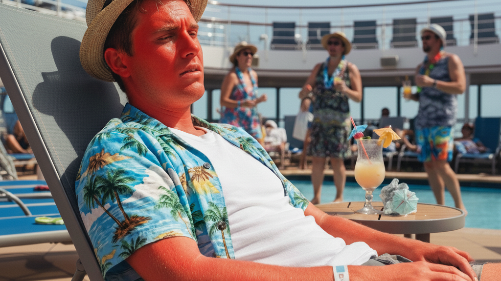 Sunburned and regretful cruise passenger after drinking too much on embarkation day, common first-time cruiser mistake