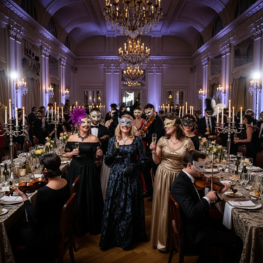 Themed hotel party event with guests in masquerade costumes and elegant masks celebrating together