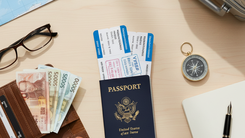 Travel documents passport and wallet organized for international trip