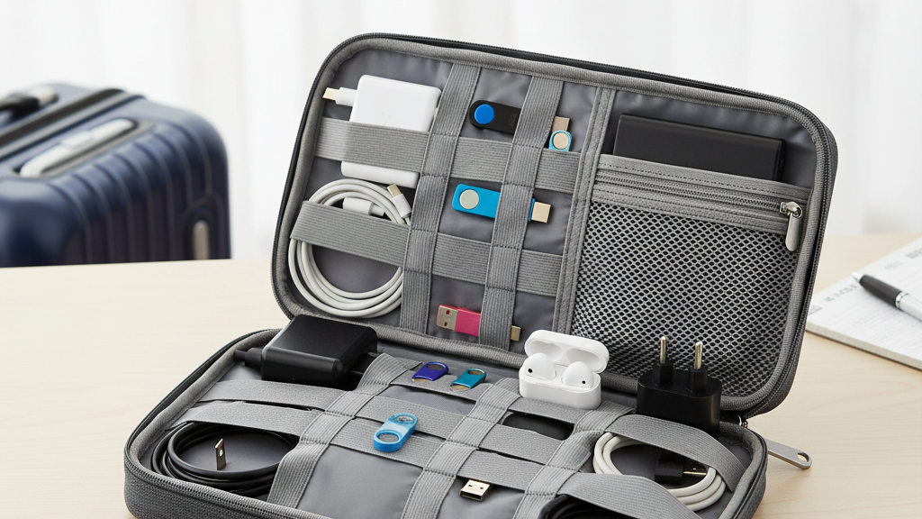 Travel electronics organizer with chargers and cables for efficient packing
