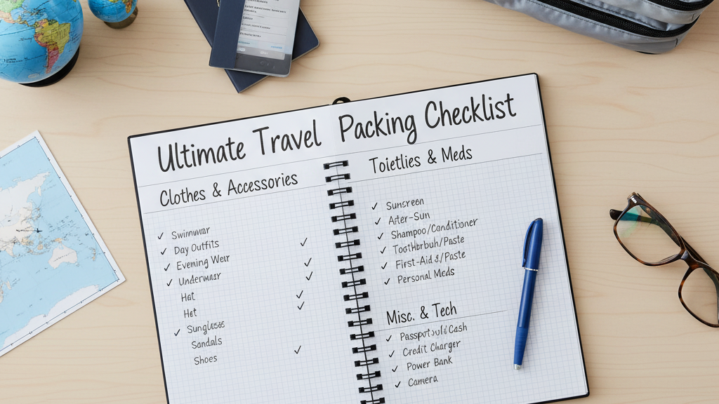 Travel packing guide with checklist showing organized packing tips and strategies
