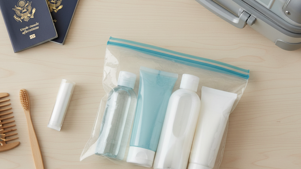 Travel toiletries organized in TSA compliant containers for efficient packing