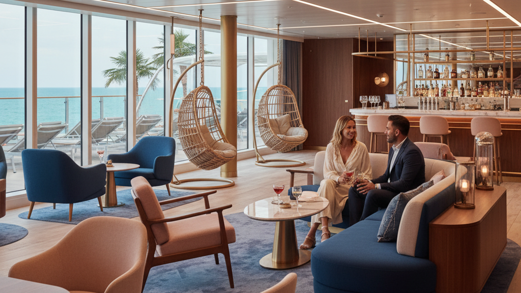 Virgin Voyages Scarlet Lady modern interior showing adults-only cruise ship design