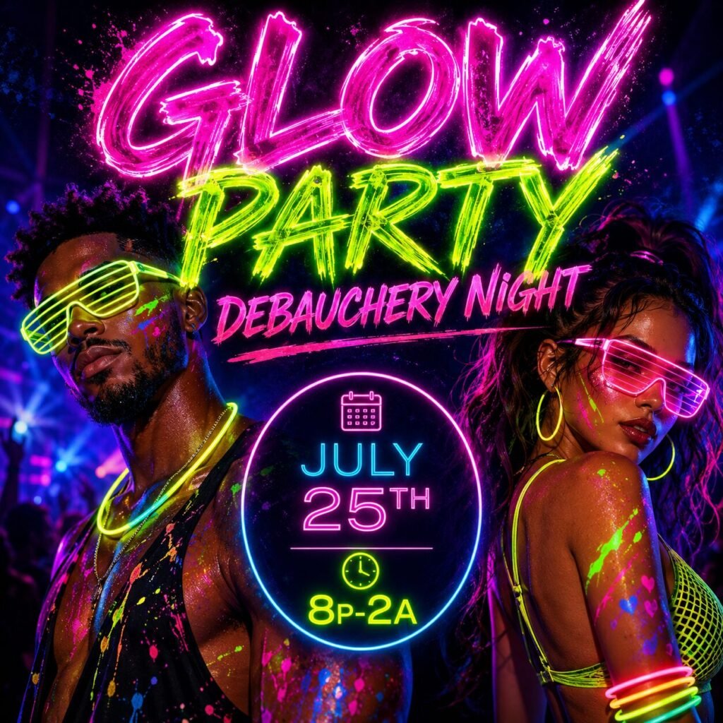 GLOW PARTY ~ Debauchery Night 1 event draft 1782522603 Glow Party July 25 sq logo