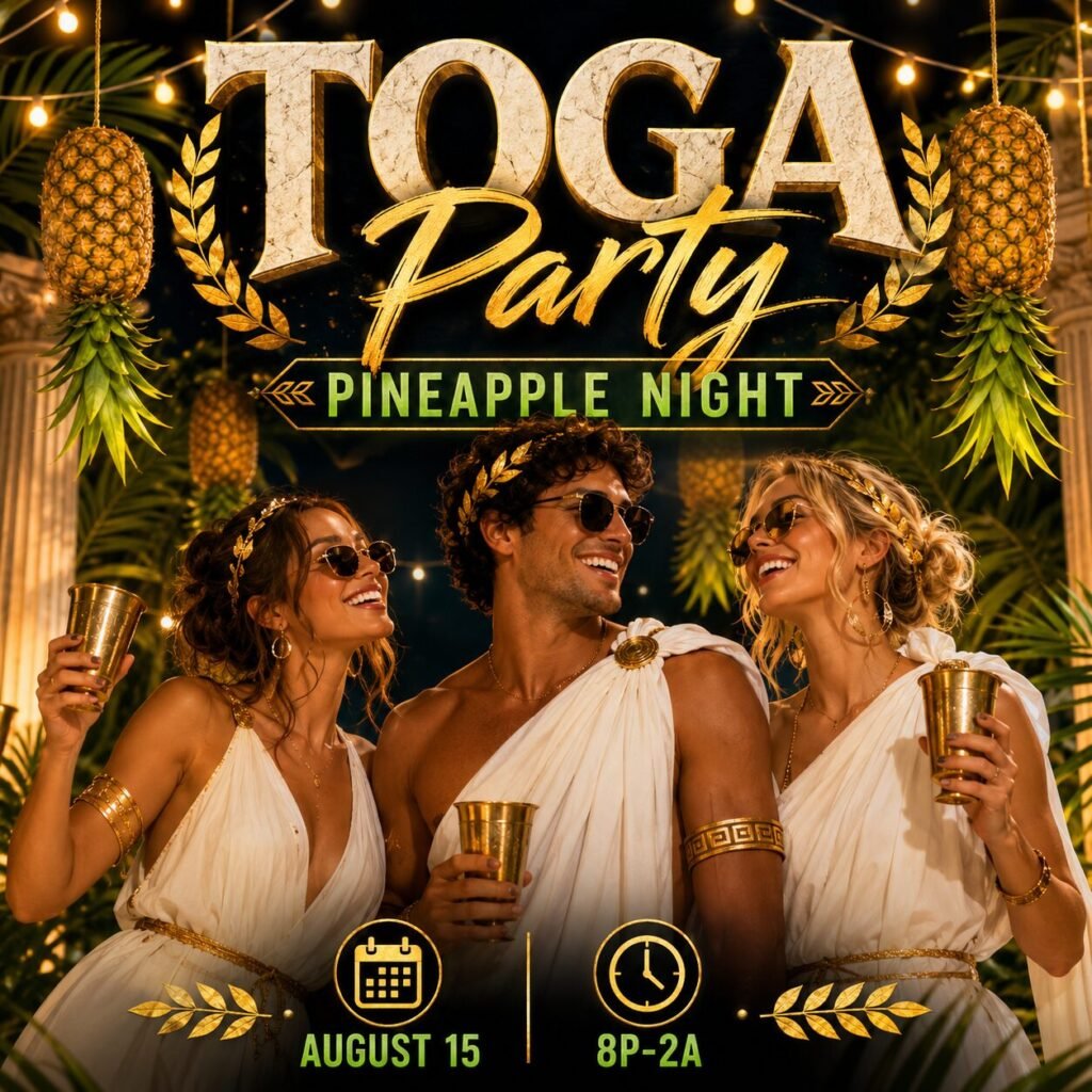 Toga Party ~ Pineapple Night 1 event draft 1782523896 toga Aug 15 sq logo